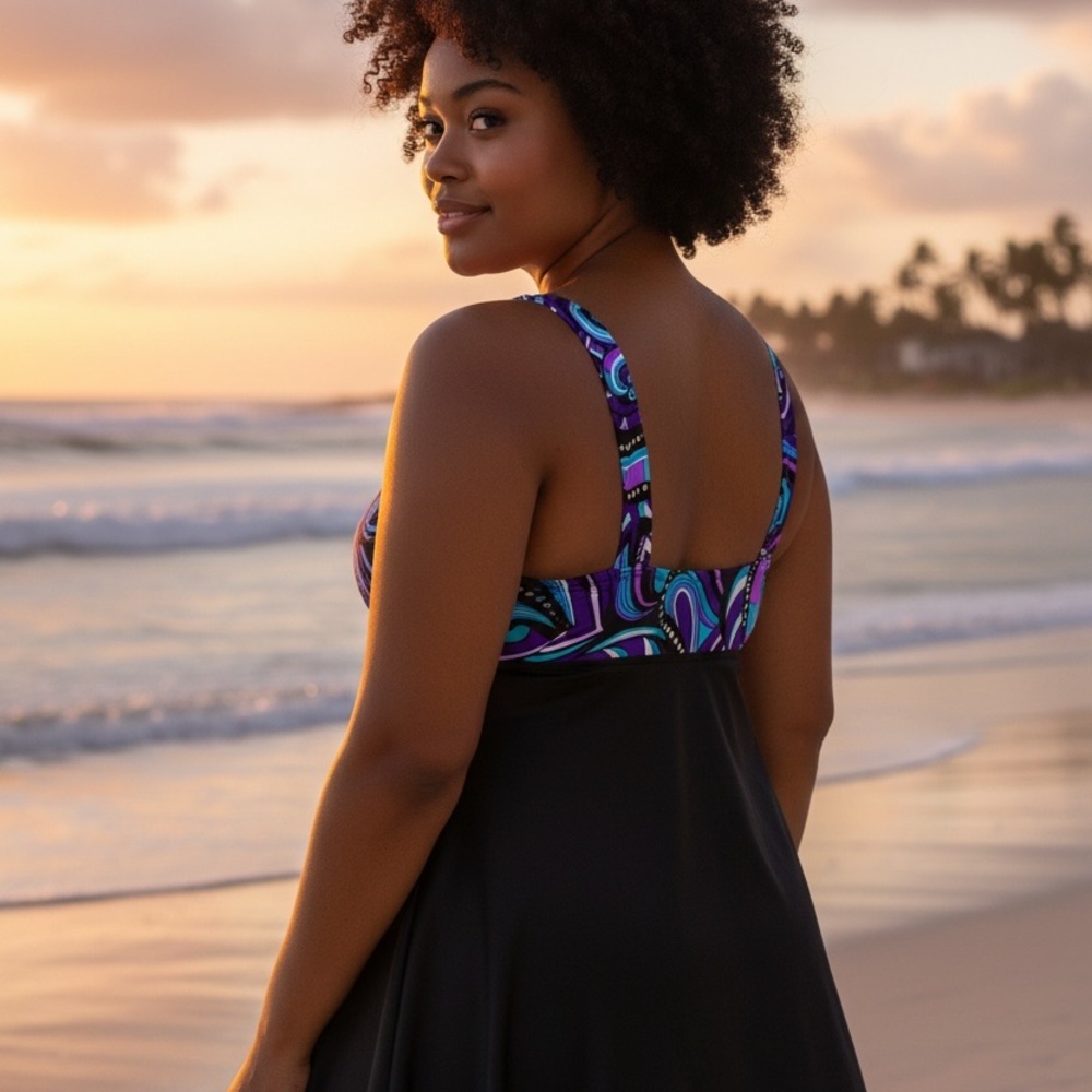 Robby Len - EC - Vintage Elegant Purple and Black One-Piece Swim Dress - Picture 3 of 3